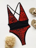 Red Leopard Color Block Deep-V One Piece Swimsuit