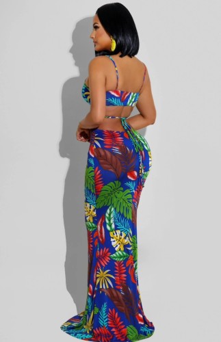 Floral Blue Hollow Out Halter Cami Mermaid Maxi Dress