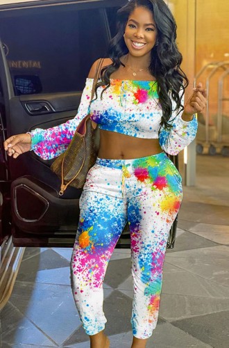 Tie Dye Print Off Shoulder Crop Top and Drawstring Pant Two Piece Set