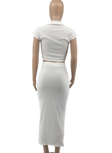 White Turndown Collar Cap Sleeve Crop Top and Long Skirt Two Piece Set