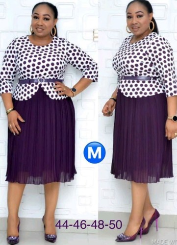 Plus Size Dot Print Top and Purple Midi Pleated Dress Two Piece Set