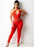 Red Hollow Out One Shouler Sleeveless Slim Fit Jumpsuit