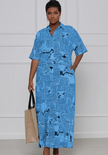 Blue Newspaper Printed Short Sleeve Loose Maxi Blouse Dress