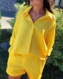 Casual Yellow Long Sleeve Shirt and Matching Short Set
