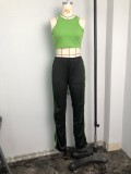Green Sleeveless Crop Top and Slit Drawstring Sweatpants Two Piece Set