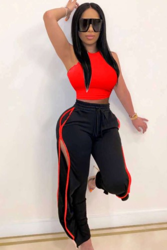 Red Sleeveless Crop Top and Slit Drawstring Sweatpants Two Piece Set