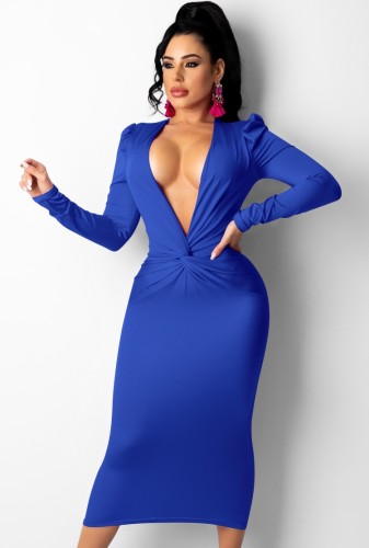 Blue Deep-V Folded Long Bodycon Dress