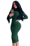 Dark Green High Neck Long Sleeve Bodycon Midi Dress