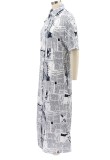 White Newspaper Printed Short Sleeve Loose Maxi Blouse Dress