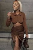 Brown Long Sleeve Turndown Collar Top and Ruched Drawstring Skirt Two Piece Set