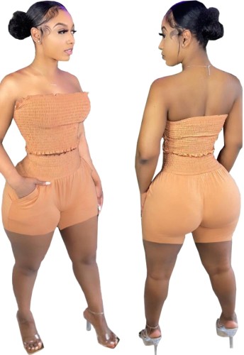 Orange Folded Strapless Crop Top and High Waist Shorts Two Piece Set