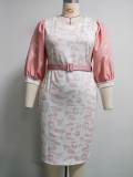 Plus Size Pink Bubble Sleeve Midi Dress with Matching Belt