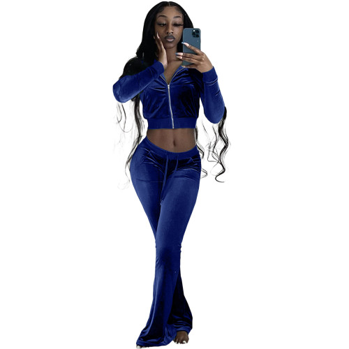 Royal Blue Velvet Crop Jacket and Flare Pants Two Pieces Tracksuit