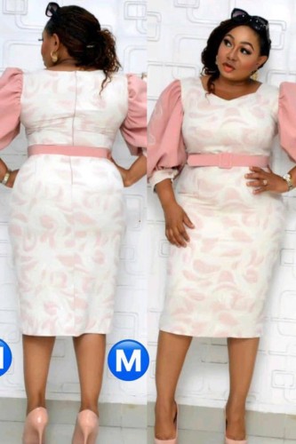 Plus Size Pink Bubble Sleeve Midi Dress with Matching Belt