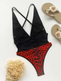 Red Leopard Color Block Deep-V One Piece Swimsuit