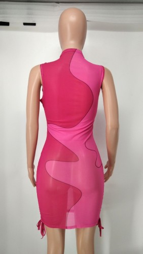 Pink Color Fade See Through Sleeveless Short Dress