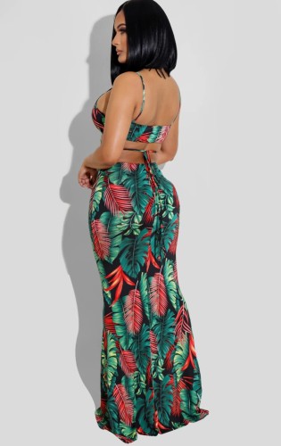 Floral Green Hollow Out Halter Cami Mermaid Maxi Dress
