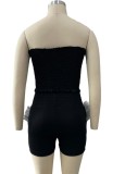 Black Folded Strapless Crop Top and High Waist Shorts Two Piece Set