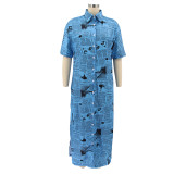 Blue Newspaper Printed Short Sleeve Loose Maxi Blouse Dress