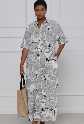 White Newspaper Printed Short Sleeve Loose Maxi Blouse Dress