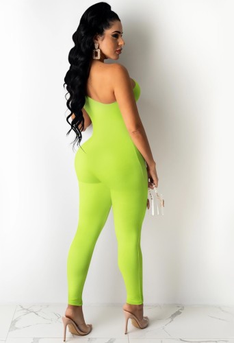 Green Hollow Out One Shouler Sleeveless Slim Fit Jumpsuit