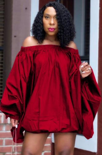 Red Off Shoulder Puff Sleeve Loose Mini Dress