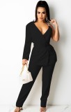 Black One Long Sleeve Chain Cami Blazer and Pant Two Piece Set