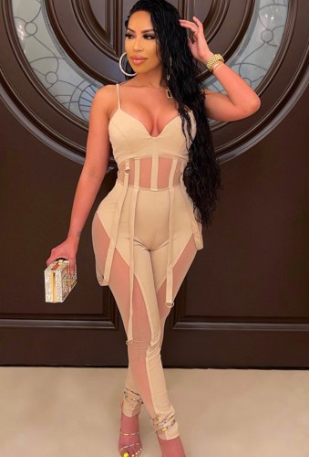 Sexy Kahaki See Through Belt Cami Fitted Jumpsuit