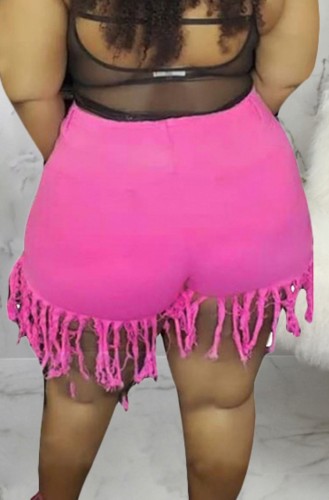 Plus Size Pink Fringe Denim Shorts