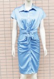Blue Silk Open Button Bodycon Blouse Dress
