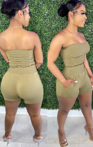 Green Folded Strapless Crop Top and High Waist Shorts Two Piece Set