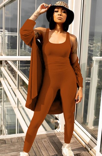 Brown Tank Jumpsuit and Long Sleeve Coat Two Piece Set