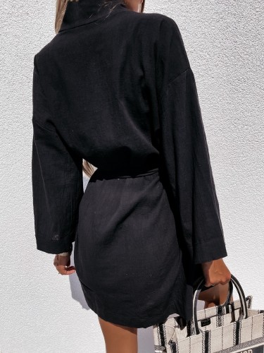 Black Long Wide Sleeve Blouse Dress with Belt