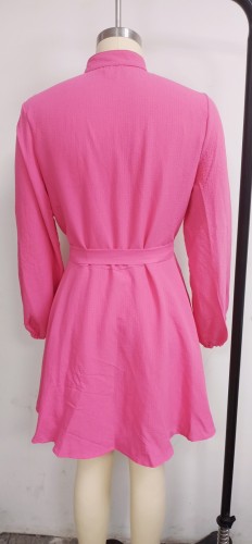 Pink Button Up Long Sleeve Ruffled Blouse Dress with Belt