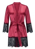 Red Silk and Lace Patching Robe Nightgown with Matching Belt