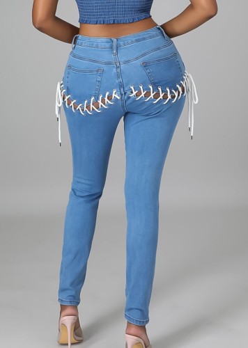 Casual Blue Lace Up High Waist Tight Jeans