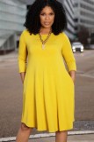 Casual Yellow Long Sleeve O-Neck Pocket Midi Dress