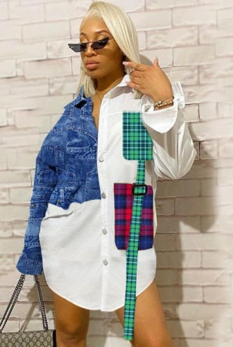 Jeans and checks Patched Long Sleeve Button Up Blouse