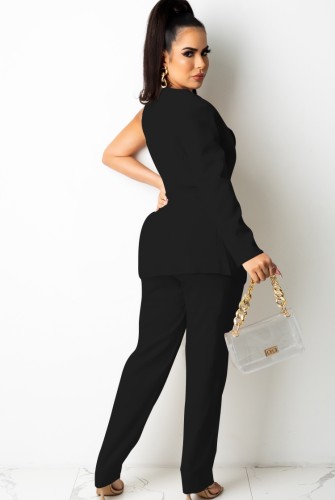Black One Long Sleeve Chain Cami Blazer and Pant Two Piece Set