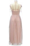 Pink Sequins Mesh Knotted Cami A-line Long Dress