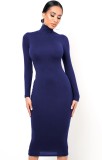 Dark Blue High Neck Long Sleeve Bodycon Midi Dress