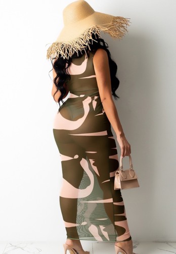 Camouflage Print Mesh Sleeveless Maxi Dress