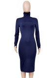 Dark Blue High Neck Long Sleeve Bodycon Midi Dress