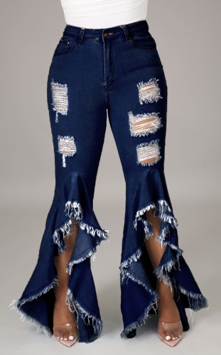 Dark Blue Distressed Bottom Irregular Ruffles Skinny Flare Jeans