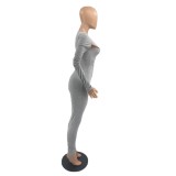 Sexy Gray Cross Neck Long Sleeve Fitted Jumpsuit