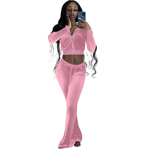 Pink Velvet Crop Jacket and Flare Pants Two Pieces Tracksuit