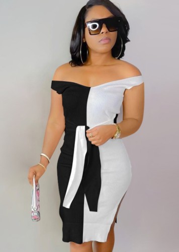 Black and White Contrast Off Shoulder Split Ribbed Knotted Bodycon Midi Dress