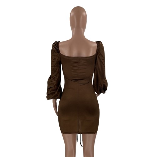 Cut Out Sexy Scrunch Strings Brown Slim Fit Dress