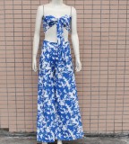 Blue and White Pirnt Strapless Knotted Crop Top and Wide Pants Two Piece Outfits