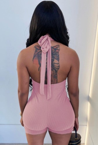 Pink Knit Halter Deep-V Bodycon Rompers